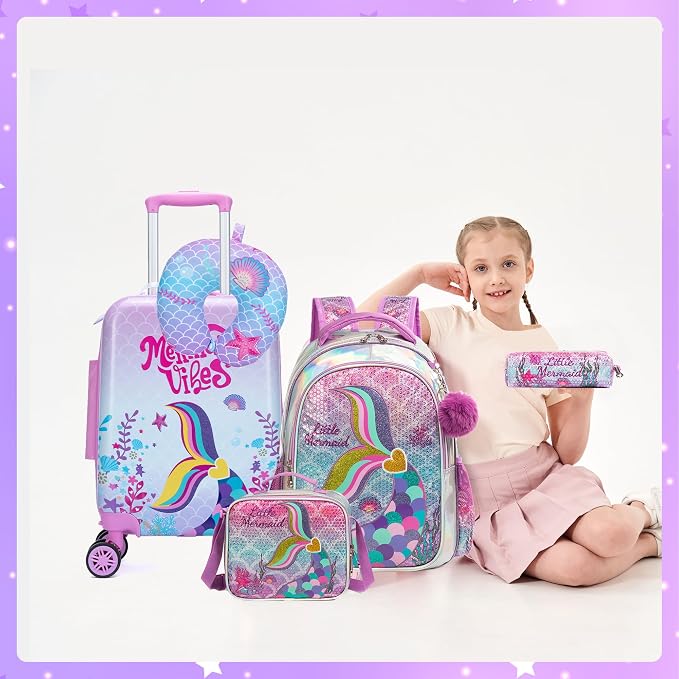 Cute Pink Mermaid Kid’s Luggage Set 5 Piece Suitcase Set 16’’ Hardside Luggage - Image 5