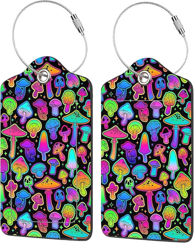 2 Pack Luggage Tags for Suitcases, Colorful Mushrooms Luggage Tag, PU Leather by EOBKLAX