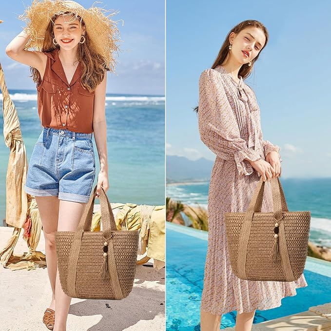 Straw Beach Bags for Women Woven Beach Tote Bag Casual Boho Large Shoulder - Image 2