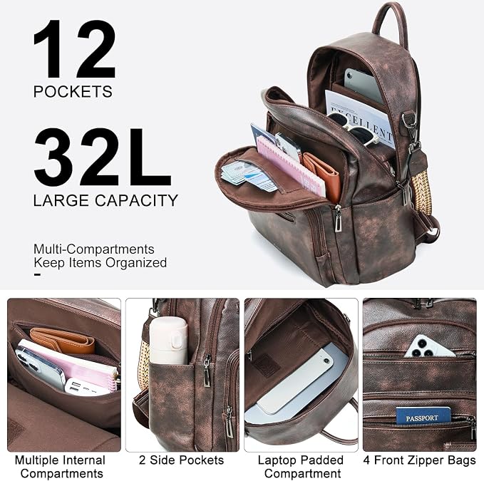 Backpack Purse for Women Laptop Backpack, Leather Travel Backpack Shoulder Bag - Image 6