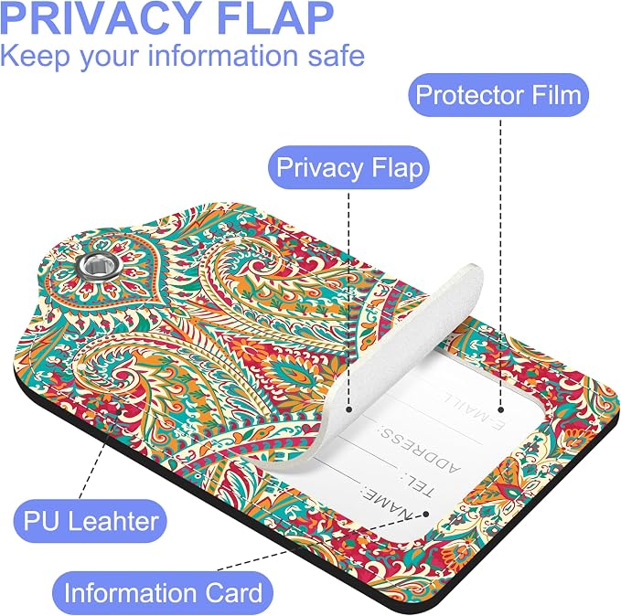 2 Pack Luggage Tags Paisley Pattern and Ethnic Style Floral PU Leather Baggage - Image 3