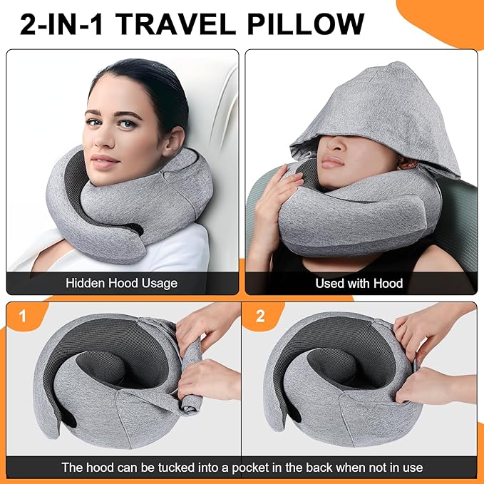 Travel Pillow - Hooded Neck Pillow Airplane Memory Foam Filling - Image 2