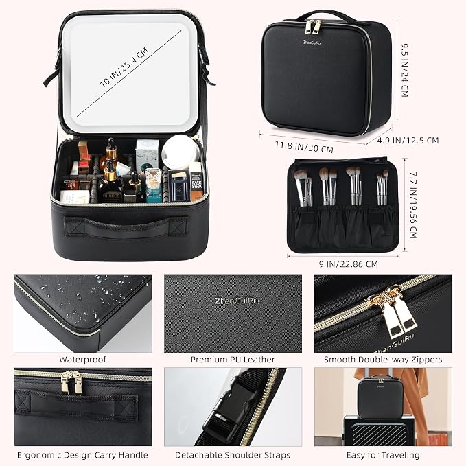 Travel Makeup Bag with LED Mirror – Waterproof Cosmetic Train Case with - Image 3