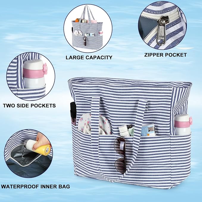 LEDAOU Large Beach Tote Bag Women Waterproof Sandproof Zipper Beach Tote Bag - Image 8