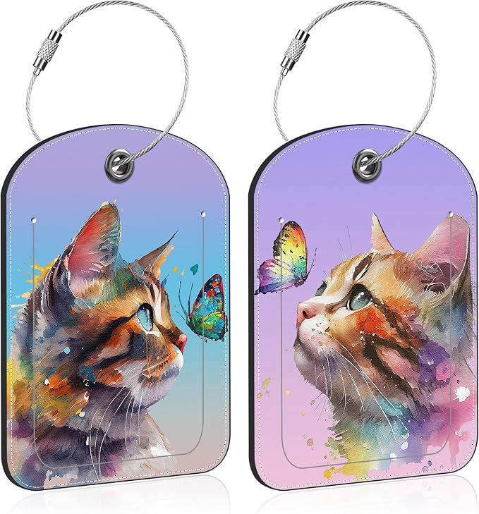 2 Pack PU Luggage Tags for Suitcase, Watercolor Cat and Butterfly Suitcase Tag by Unknown