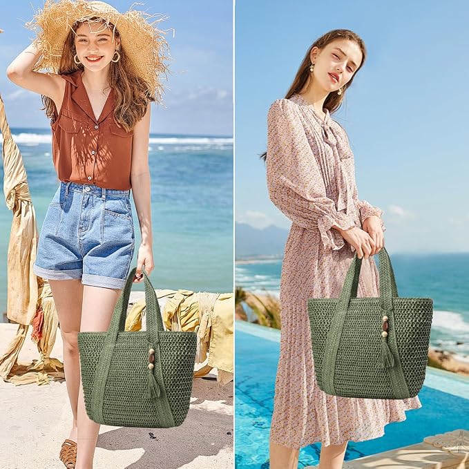 Straw Beach Bags for Women Woven Beach Tote Bag Casual Boho Large Shoulder - Image 3