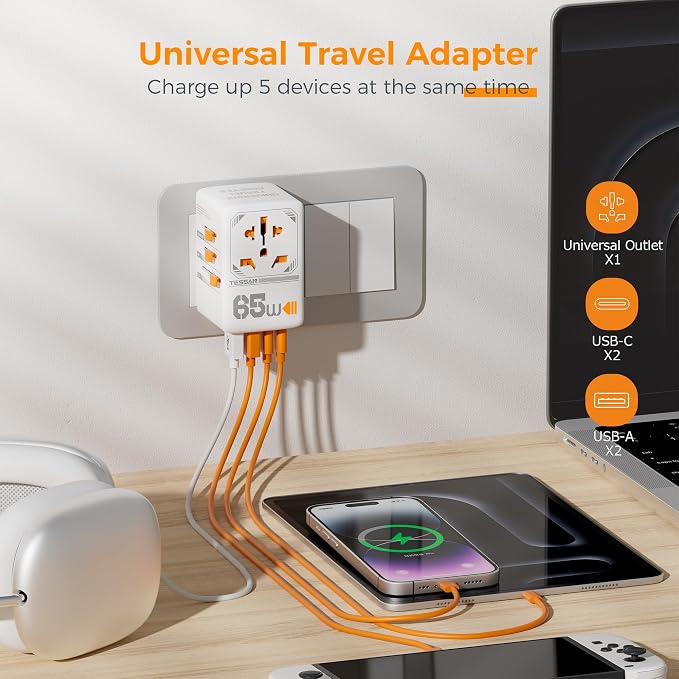 TESSAN Universal Travel Adapter, 65W GaN International Plug Adaptor - Image 4