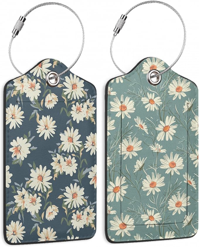 2 Pack Leather Luggage Tag for Suitcase Retro Daisy Flower Unique Travel Tags by TXIANT