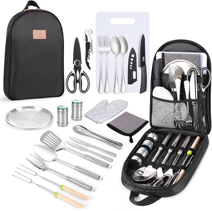 Portable Camping Kitchen Utensil Set-27 Piece Cookware Kit, Stainless Steel by Freehiker
