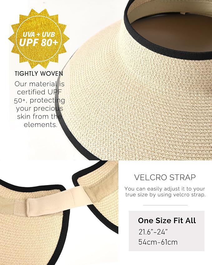 FURTALK Sun Hats for Women Wide Brim Beach Hat Straw Visor Ponytail Summer UV - Image 5