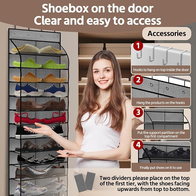 12 Pocket Over the Door Shoe Organizer, Reusable Breathable Large Mesh Bag - Image 4