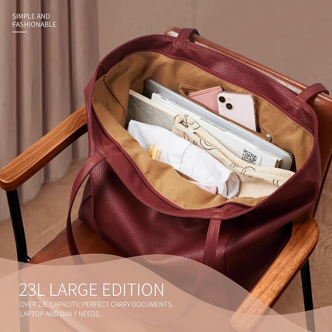 KALIDI Large Tote Bag Vegan Leather Casual Zipper Work Bag Weekender Hobo - Image 4