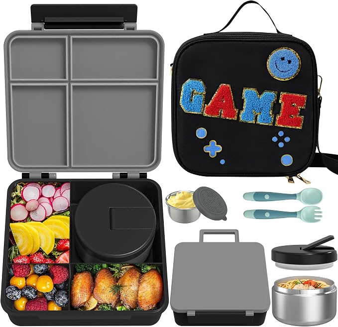Kids Bento Lunch Box with 8oz Soup Thermo, Kids Leakproof Lunch Food Containers by Aimsnk