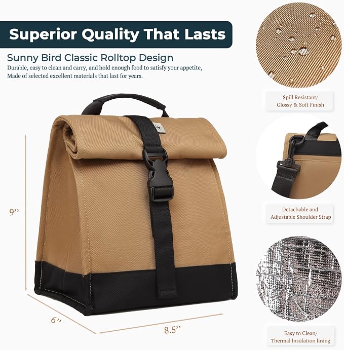 SUNNY BIRD Insulated Lunch Bag Rolltop Lunch Box Tote Bag - Image 3