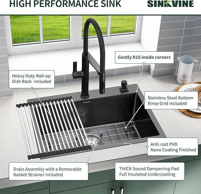 Black Kitchen Sink Drop-In 25 x 18 inch, SINKVINE PVD Nano Stainless Steel - Image 7