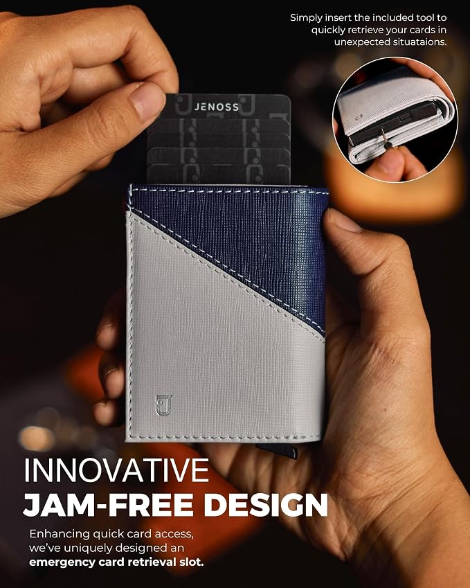 Jenoss Smart Wallet For Men: Full Grain Leather, Handcrafted, Slide Metal Pop - Image 3