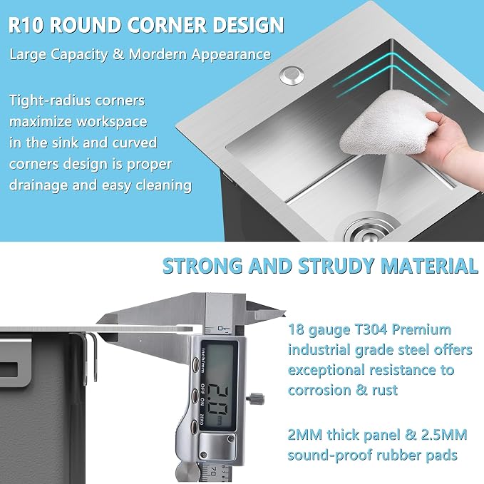 15 x 15 inch Drop in Bar Sink, Small Topmount Kitchen Sink Single Bowl 18 Gauge - Image 4