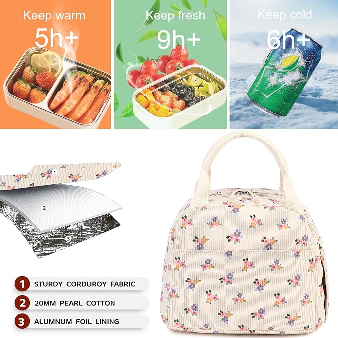 Bluboon Lunch Box for Women men Insulated Cute Corduroy Lunch bag, Reusable - Image 5
