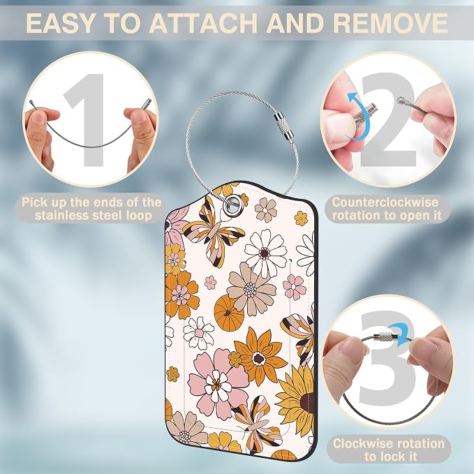 2 Pack Luggage Tags for Suitcases Retro Groovy Flowers and Butterfly Leather - Image 4
