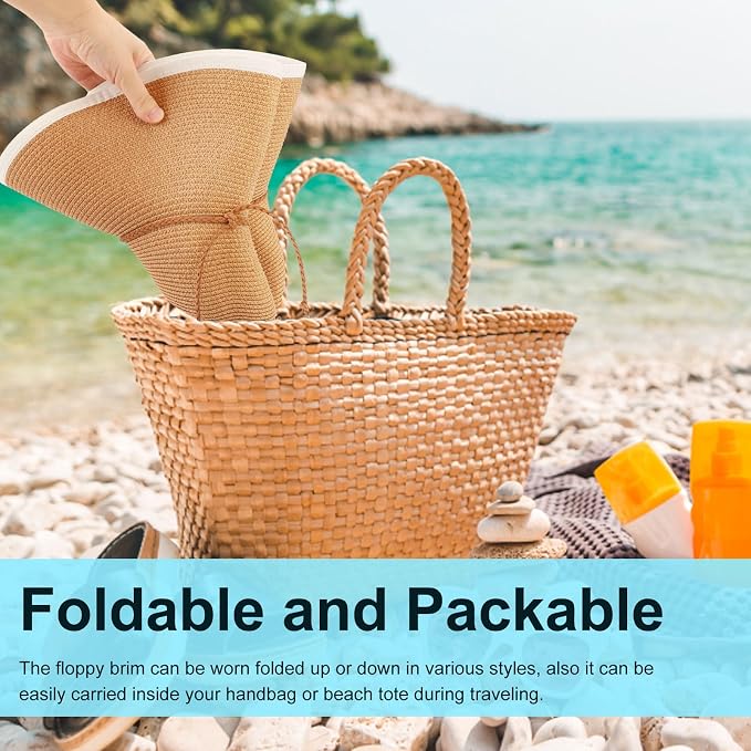 DRESHOW Beach Hats for Women Big Straw Wide Brim Summer Hat Floppy Foldable - Image 4