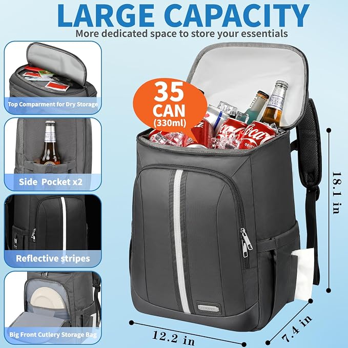 Backpack Cooler Insulated Leak Proof 35 Cans, 2 Insulated Compartments Thermal - Image 2