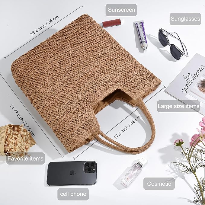Straw Beach Bags for Women Woven Beach Tote Bag Casual Boho Large Shoulder - Image 4