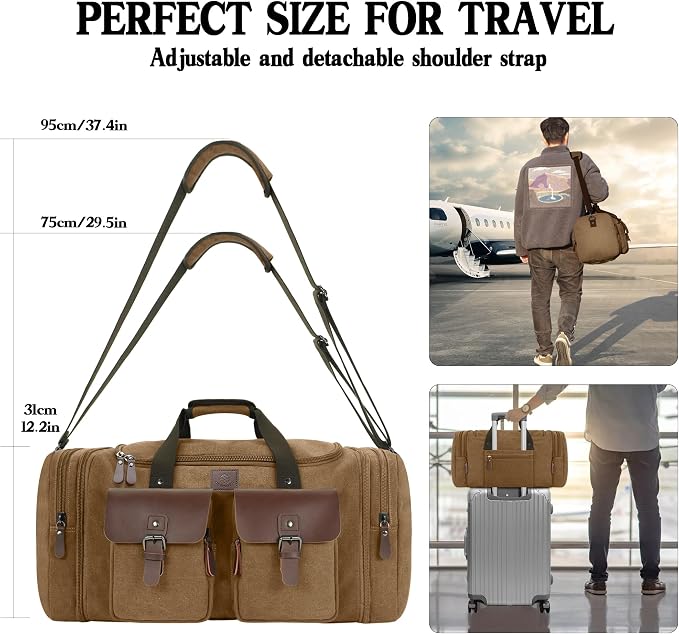 Canvas Duffle Bag for Men 60L Travel Duffel Bags Expandable Genuine Leather - Image 7