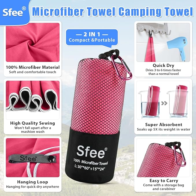 Sfee 2 Pack Microfiber Travel Towel, Quick Dry Towel Camping Towel Large Beach - Image 2