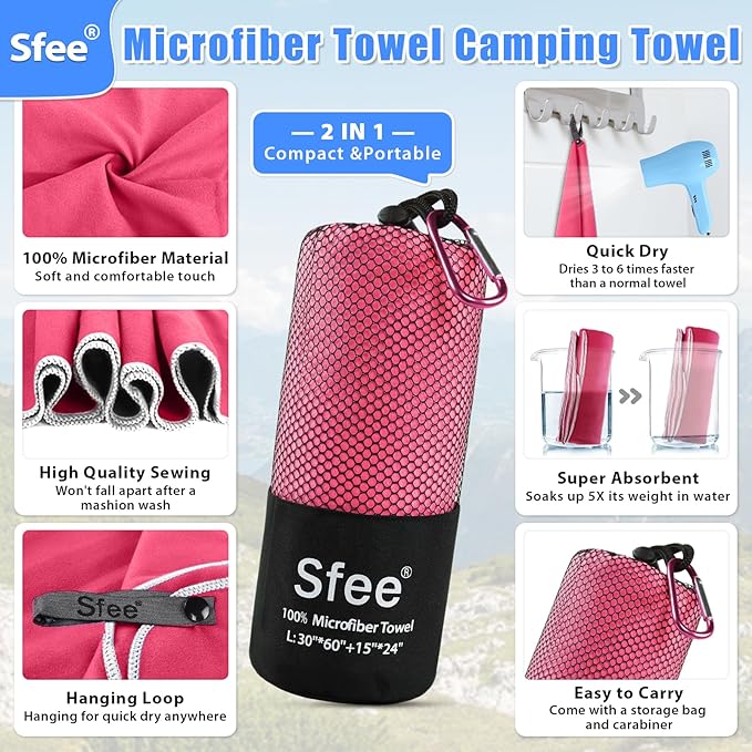 Sfee 2 Pack Microfiber Travel Towel, Quick Dry Towel Camping Towel Super - Image 2