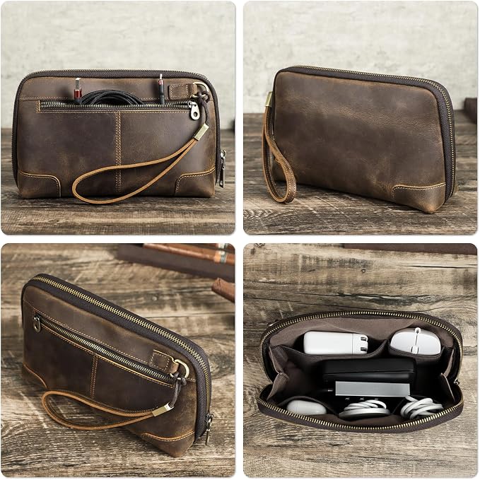 Electronic Organizer Zipper Bag Tech Pouch, Top Grain Leather Handmade - Image 2