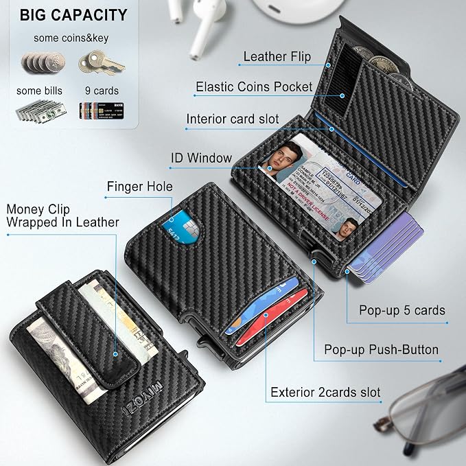 Men Wallet, with Money Clip Coins Pocket ID Window, Slim Front Pocket RFID - Image 2