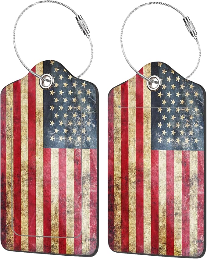 2 Pack Luggage Tag for Suitcase, Retro USA Flag PU Leather Suitcase Tags by EOBKLAX