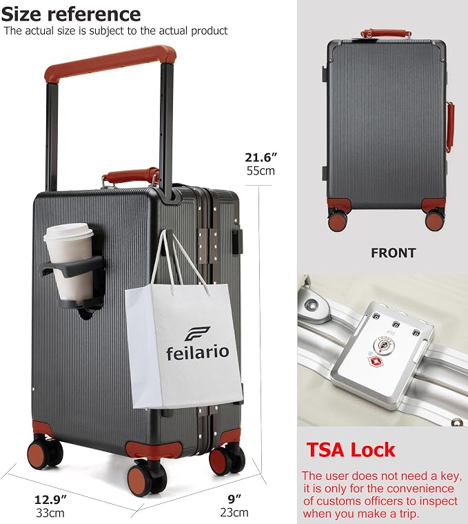 feilario 20'' Aluminum Frame Wide Handle PC Hardside Carry On Luggage - Image 4