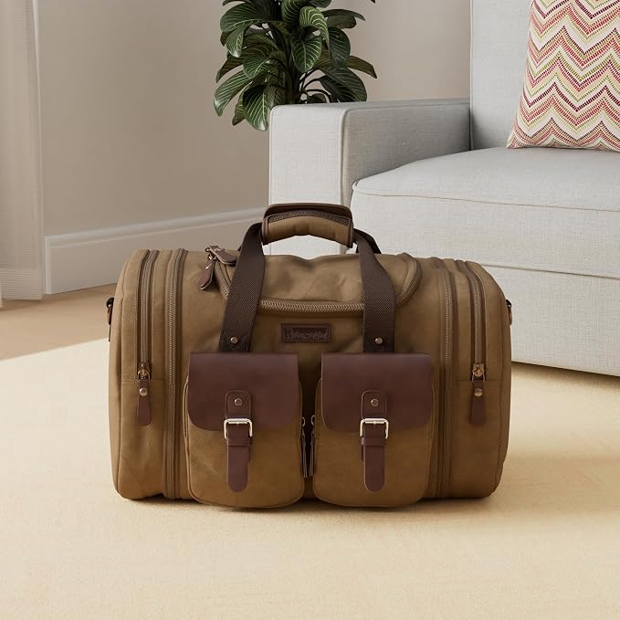 Wildroad 50L Travel Duffel Bag, Expandable Canvas Genuine Leather Duffle Bag - Image 2