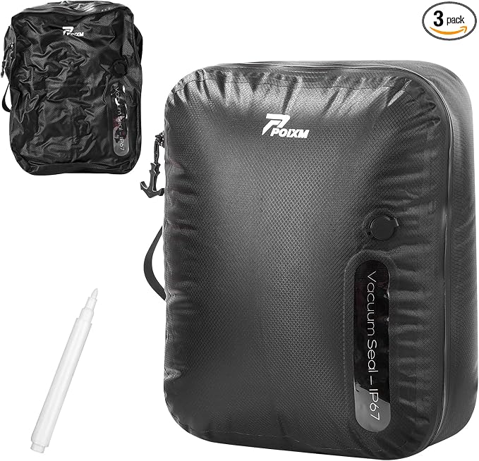 Vacuum Bags for Travel, 180° Open Zipper, IP67 Waterproof, Reusable Space Saver by POIXM