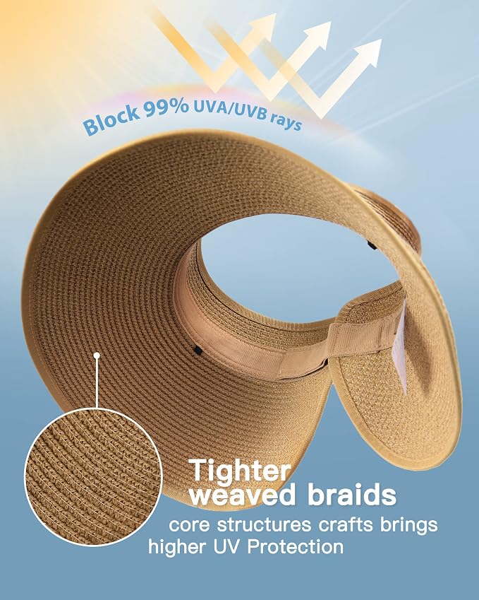 FURTALK Sun Hats for Women Wide Brim Beach Hat Straw Visor Ponytail Summer UV - Image 2
