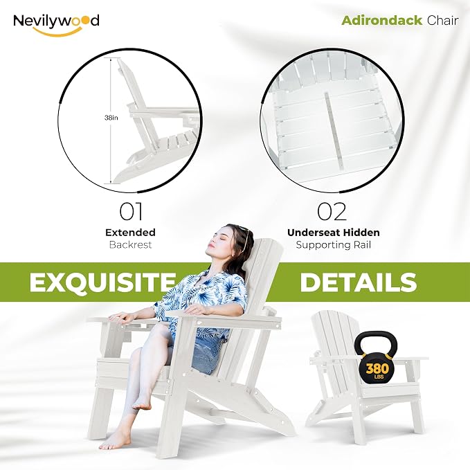 Folding Adirondack Chair, Ergonomic Extended Backrest, HDPE All-Weather - Image 5