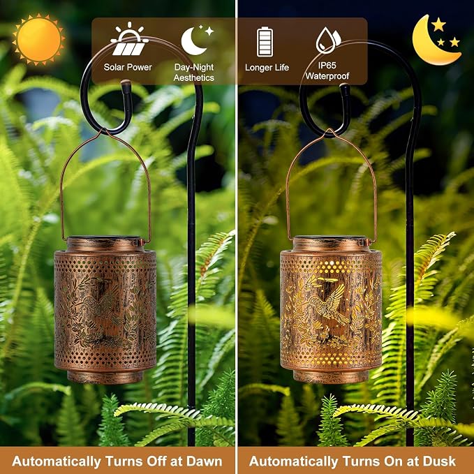 2 Pack Solar Lanterns Outdoor Waterproof Hummingbird and Iris Hanging Garden - Image 3
