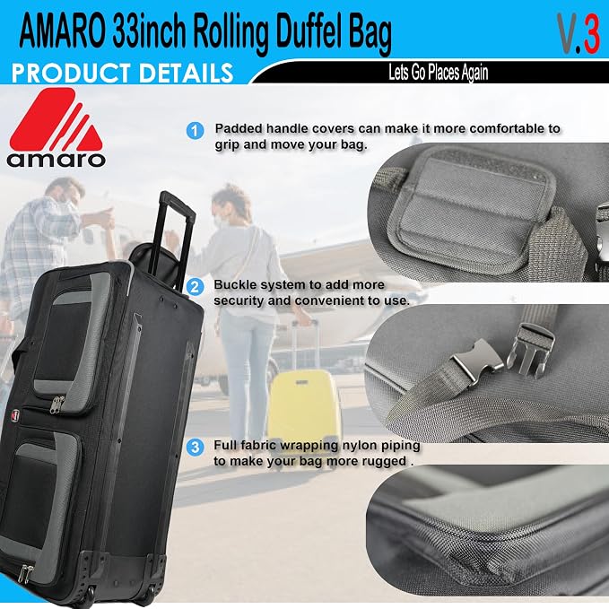 33" Rolling Duffle Bag with Wheels and Handle - Image 3