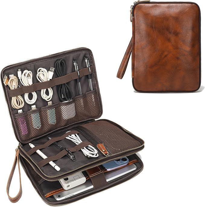 LANNSYNE Full Grain Leather Travel Cable Accessories Bag, Electronic Organizer by LANNSYNE