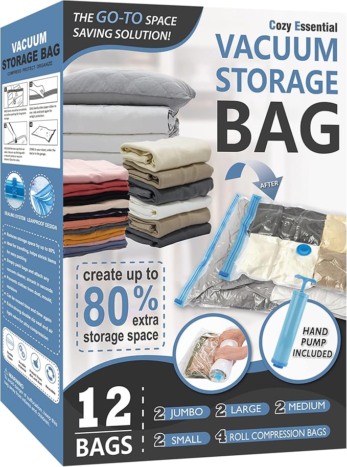 12 Pack Vacuum Storage Bags, Space Saver Vacuum Storage Bags, Vacuum Seal Bags by CozyEssential