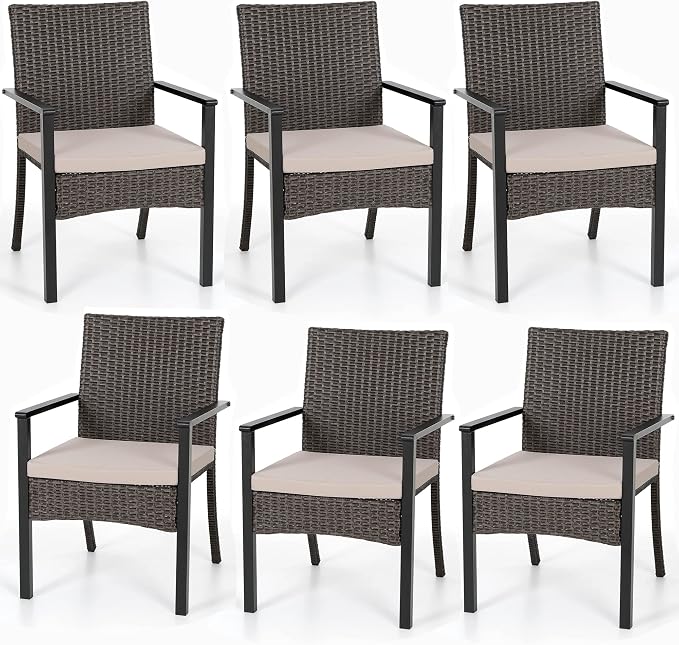 PHI VILLA Outdoor Wicker Chairs Set of 6, Rattan Covered Metal Armchairs by PHIVILLAThepioneerofcomfortablehouseholdsupplies