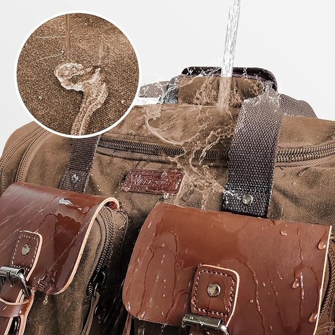 Wildroad Waxed Canvas Duffle Bag - 60L Waterproof Genuine Leather Weekender - Image 4