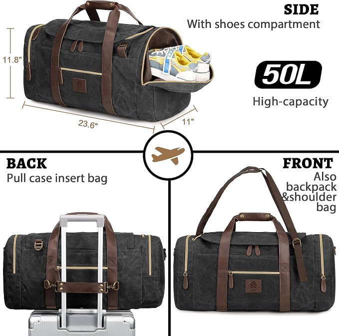 50L Duffle Bag for Men, Nomad Waxed Canvas Travel Duffel Bag Vintage Genuine - Image 2