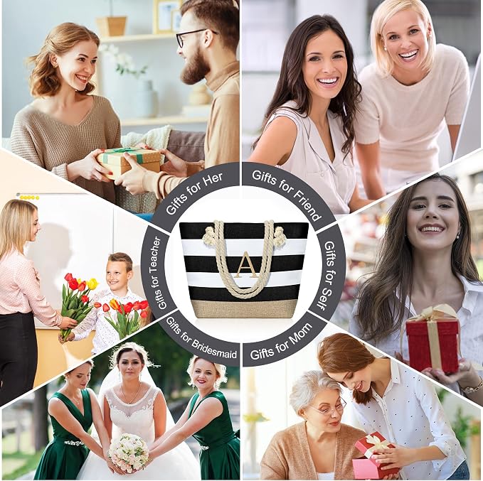YOOLIFE Initial Canvas Waterproof Beach Tote Bag Zipper Personalized Gifts - Image 5