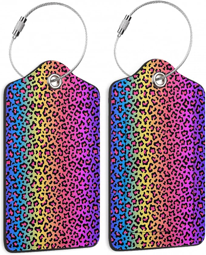 2 Pack Leather Luggage Tag for Suitcase Neon Rainbow Colored Leopard Print by TXIANT