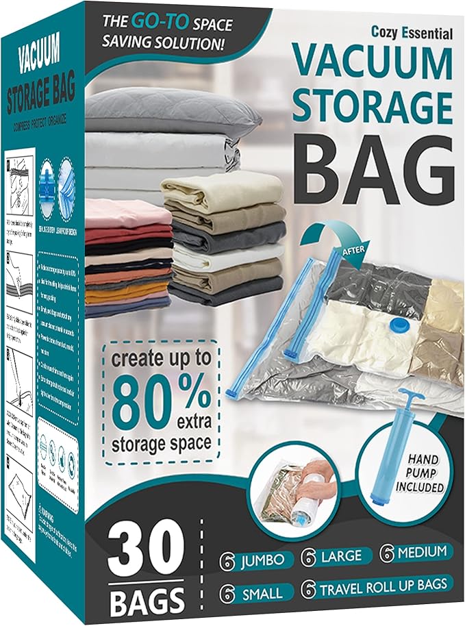 30 Pack Vacuum Storage Bags, Space Saver Vacuum Storage Bags, Vacuum Seal Bags by CozyEssential
