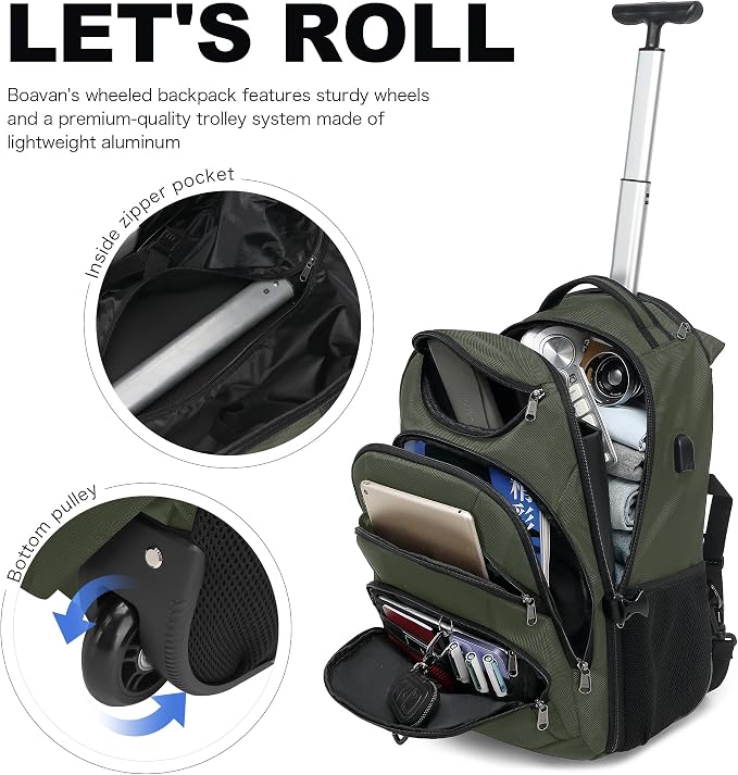 Boavan Rolling Backpack, 17 inch Water Resistant Wheeled Backpack, Carry on - Image 6