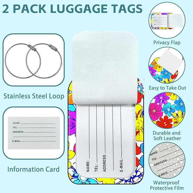 2 Pack Cute Luggage Tag for Suitcases Beautiful Bright Flowers Leather Luggage - Image 2
