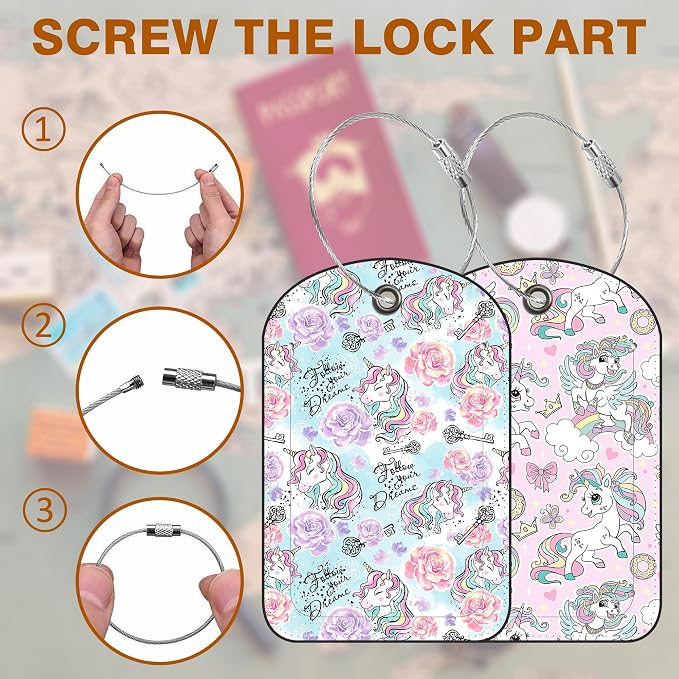 2 Pack PU Luggage Tags for Suitcase, Cute Unicorns Suitcase Tag Leather ID - Image 4